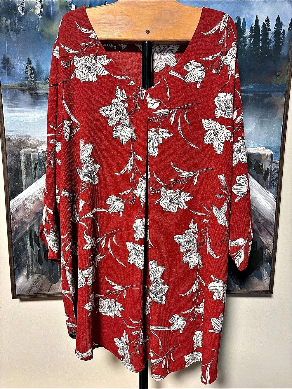 Downing Studio Floral Blouse in Red & White Size 1X Like New